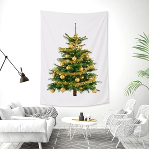 Christmas tree wall tapestry hanging in a modern living room with cozy festive decor