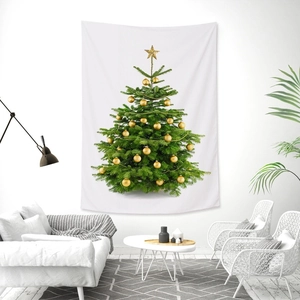 Detail of a Christmas tree tapestry with gold baubles hanging on a modern living room wall