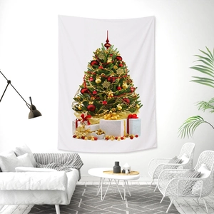 Detail view of a Christmas tree tapestry hanging in a modern living room setting