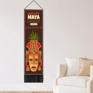 Bannière de la civilisation maya avec design de masque et pompons noirs sur mur blanc