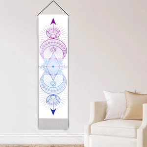 Bohemian tapestry with celestial moon phases, geometric stars and grey bottom tassels