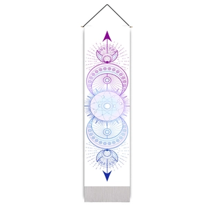 Bohemian rectangle tapestry with purple moon phase celestial symbols and wood frame