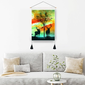 Modern abstract elk wall tapestry with sunset art print, wooden rod and black tassels