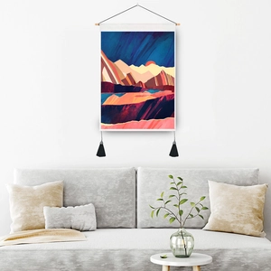 Modern abstract landscape wall tapestry with mountain print, wood pole and black tassels