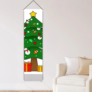Christmas tree hanging tapestry with cartoon print, wooden pole, and grey tassels for wall decor