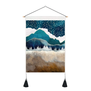 Modern abstract mountain tapestry with starry sky, wooden rod and black fringe accents