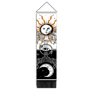Vertical sun and moon tapestry with black tassels and mystical tarot tree design