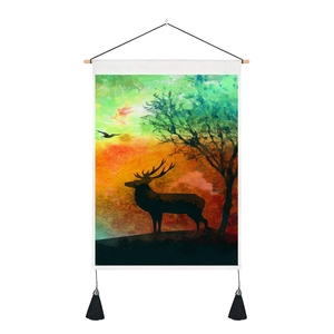 Modern abstract stag wall scroll with orange and green aurora background and black tassels