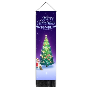 Christmas tree wall hanging scroll with dark blue starry sky and cartoon girl print