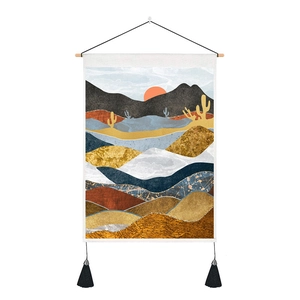Abstract desert landscape tapestry with golden sun and tassels for modern wall decor