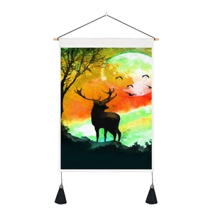 Modern abstract elk silhouette tapestry with moon and black tassels for wall decor