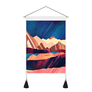 Detail of modern abstract landscape tapestry with mountain peaks and black tassels
