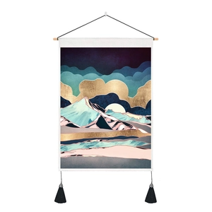 Detail of Nordic abstract tapestry with golden leaf clouds, teal mountains, and black tassels