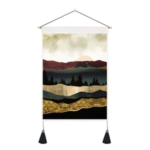 Abstract mountain landscape tapestry with wooden rod and black tassels in minimalist style