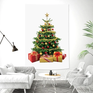 Christmas tree decorative wall tapestry in a modern living room setting with gifts