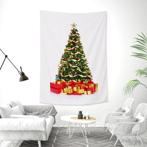 Christmas tree wall tapestry with gift boxes printed on white fabric for home decor