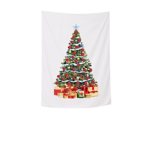 Christmas tree wall tapestry with red ornaments and gift boxes on white background