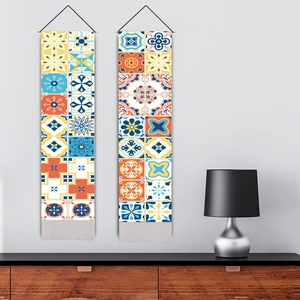 Modern Mediterranean style cotton linen wall tapestry set with geometric patterns and tassels