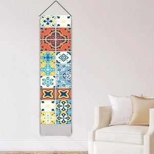 Mediterranean patchwork wall tapestry with vibrant tile patterns and grey tassels decoration