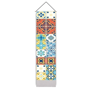 Detail of Mediterranean fabric wall hanging with 16 colorful Moroccan tile patterns