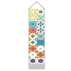 Mediterranean geometric cotton linen tapestry with yellow and blue patterns and wood poles