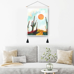 Nordic abstract landscape tapestry with desert cactus, sun design and black tassels