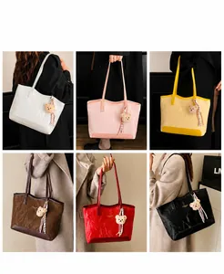 Collage showing six color options of large tote bags with plush bear charms and shoulder straps