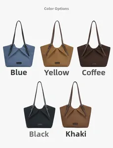 Collage of pleated tote bags in blue, yellow, coffee, black, and khaki with thin straps
