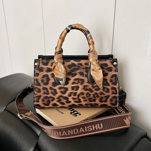 Fashion Leopard Print PU Leather Handbag With Satin Scarf Wrap Handle Wide Shoulder Strap Crossbody Bag For Women