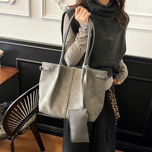 Large capacity dark grey faux suede tote bag with matching pouch for daily commute