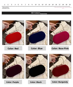 Six-grid display of velvet evening clutch bags with golden ring handles and metal bows