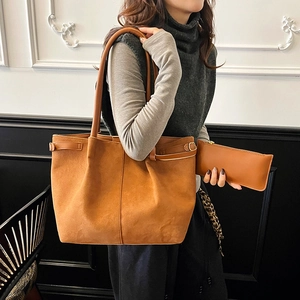Large capacity brown suede tote bag for women with matching zipper pouch for commuting