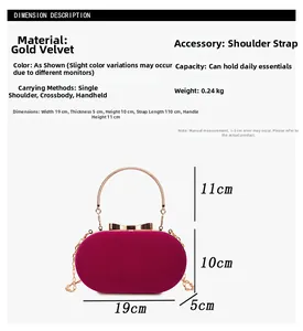 Detailed size chart and dimensions for the velvet evening bag with chain strap
