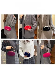 Velvet mini evening bag with metal chain and bow clasp shown in multiple styling ways