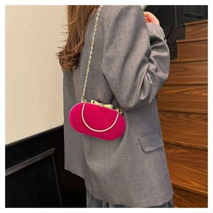 Close-up of bright pink velvet mini bag with gold bow clasp and metallic chain strap