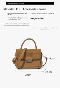Detail view of tan saddle bag with matte flap, metal buckle, and size measurements