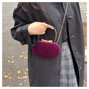 Macro shot of purple velvet evening clutch with a golden bow clasp and metal handle