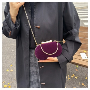 Detail of deep purple velvet evening bag with gold bow clasp and chain in street setting