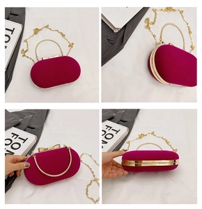 Four-angle detail of fuchsia velvet evening clutch with gold metal trim and bow clasp