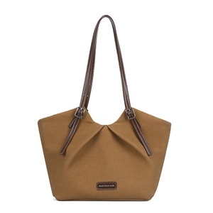Caramel brown canvas tote bag with pleated design and large capacity for women