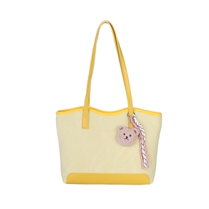 Retro large yellow tote bag with textured finish, bear charm and ribbon for women