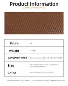 Detailed size chart for the PU leather handbag showing dimensions and multi-color options