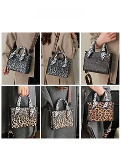 Collage of model carrying leopard print tote bag with polka dot scarf and wide strap