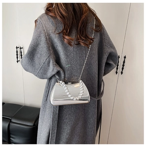 Silver mirror mini box bag with elegant white pearl handle and metal chain detail