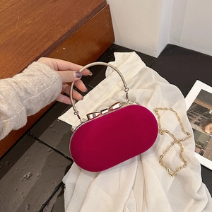 Velvet Evening Bag Oval Box Clutch Gold Bow Buckle Metal Handle Chain Strap Retro Elegant Formal Party Purse For Women