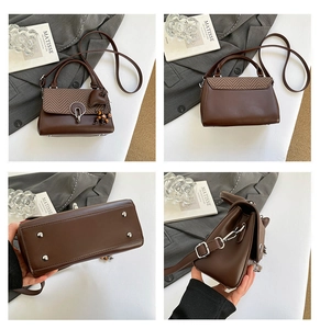 Detailed views of brown faux leather crossbody bag with woven flap and tassel charm