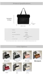 Detail view of quilted tote bag dimensions with faux fur trim and PU leather material
