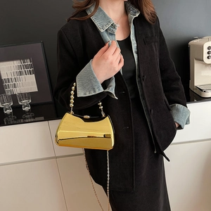 Gold mirror acrylic box handbag with beaded handle and chain strap for evening events