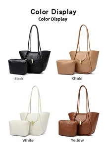 Vista dettagliata del set borsa tote e pochette intrecciata in nero, kaki, bianco e giallo