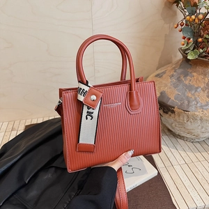 Vertical Pleated PU Leather Crossbody Bag Women Small Square Tote With Ribbon Decor Fashion Shoulder Handbag